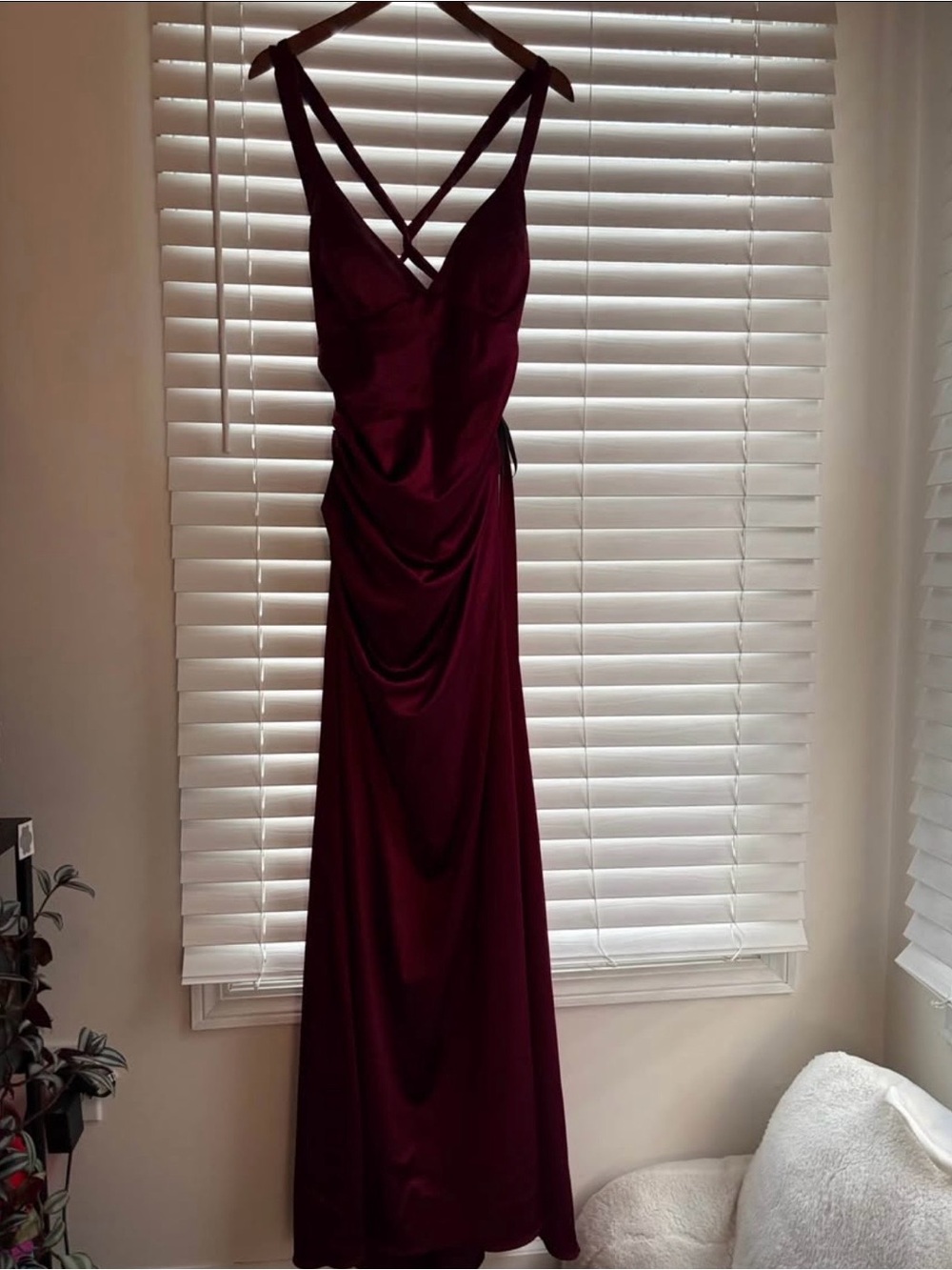 B Darlin Juniors' Strappy-Back Satin Gown in Burgundy